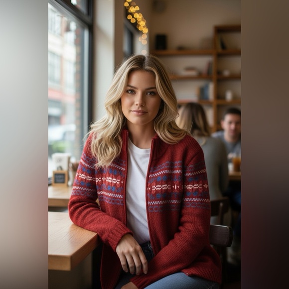 Talbots Wool Fair Isle Red Full Zip Cardigan Sweater Women’s Size L - Picture 3 of 14